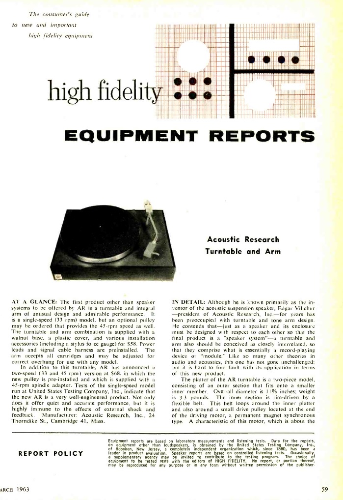 Acoustic Research Turntable and Arm, High Fidelity, Mars 1963 1.jpg